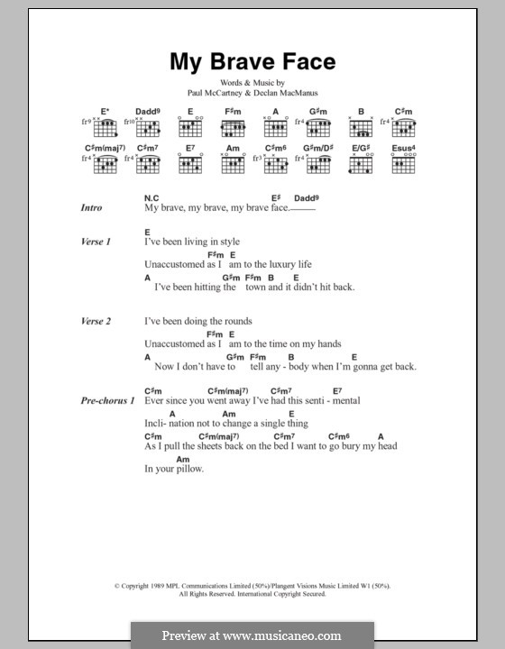 My Brave Face: Lyrics and chords by Declan Macmanus, Paul McCartney