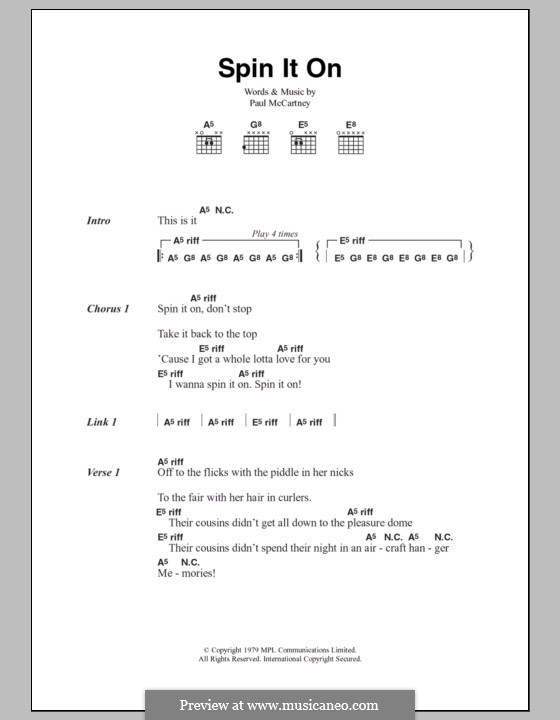 Spin it on (Wings): Lyrics and chords by Paul McCartney