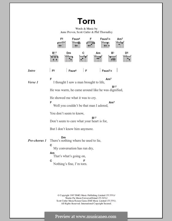 Torn (Natalie Imbruglia): Lyrics and chords by Anne Preven, Phil Thornalley, Scott Cutler