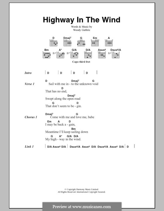 Highway in the Wind: Lyrics and chords by Woody Guthrie