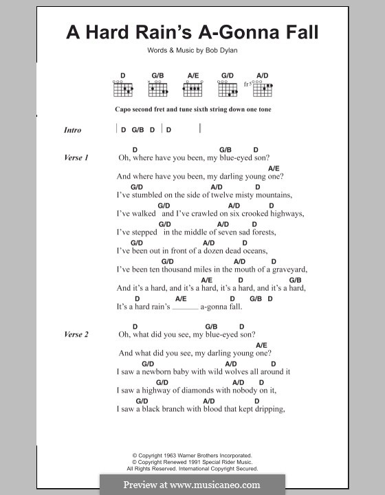 A Hard Rain's A-Gonna Fall: Lyrics and chords by Bob Dylan