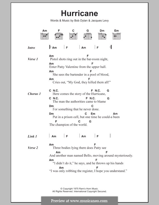 Hurricane: Lyrics and chords by Bob Dylan