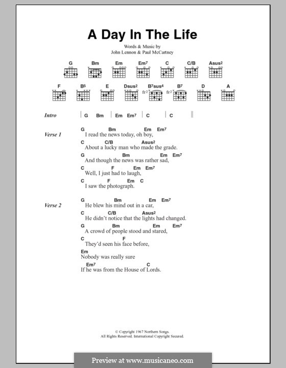 A Day in the Life (The Beatles): Lyrics and chords by John Lennon, Paul McCartney