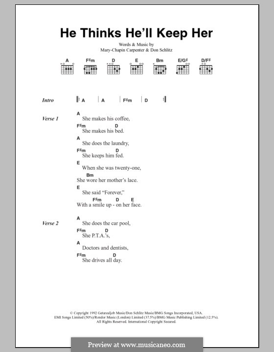 He Thinks He'll Keep Her: Lyrics and chords by Don Schlitz, Mary Chapin Carpenter