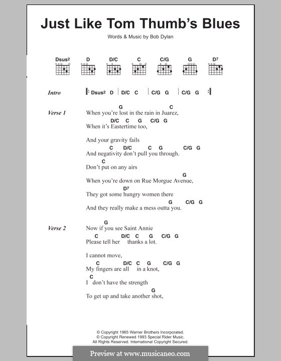 Just Like Tom Thumb's Blues: Lyrics and chords by Bob Dylan