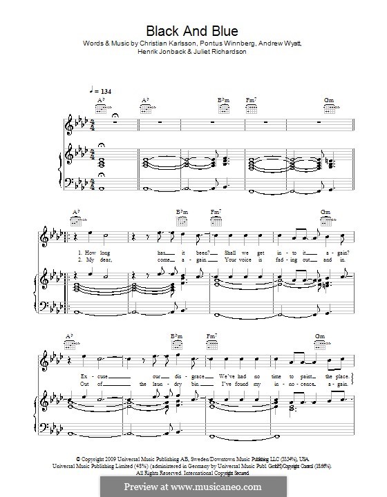 Black and Blue: For voice and piano (or guitar) by Andrew Wyatt, Christian Karlsson, Henrik Jonback, Juliet Richardson, Pontus Winnberg