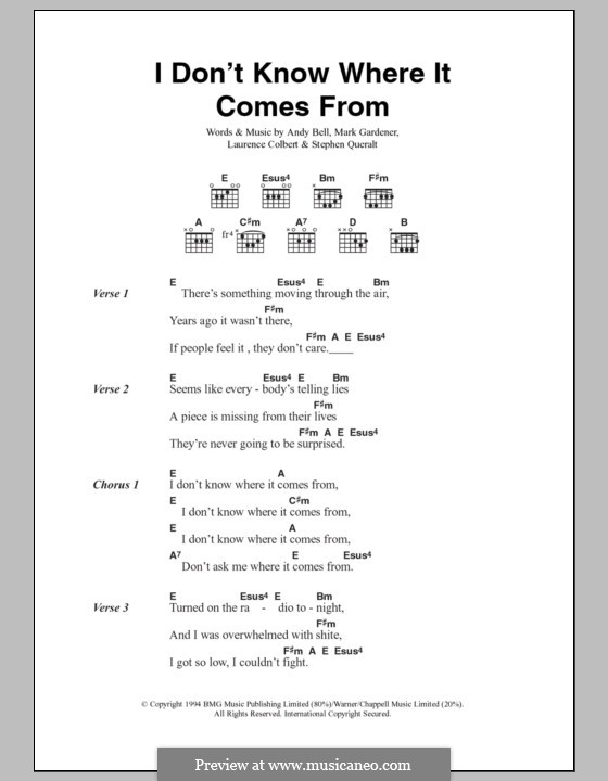 I Don't Know Where It Comes from (Ride): Lyrics and chords by Andy Bell, Laurence Colbert, Mark Gardener, Stephen Queralt