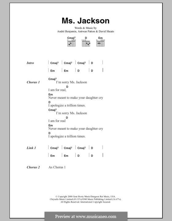 Ms. Jackson (OutKast): Lyrics and chords by André Benjamin, Antwan Patton, David Sheats