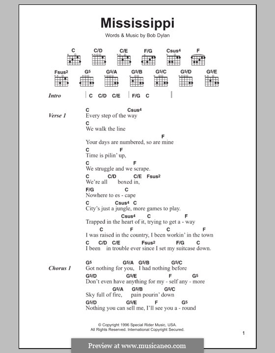 Mississippi: Lyrics and chords by Bob Dylan