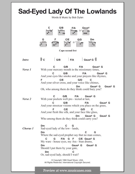 Sad Eyed Lady of the Lowlands: Lyrics and chords by Bob Dylan