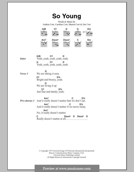 So Young (The Corrs): Lyrics and chords by Andrea Corr, Caroline Corr, Jim Corr, Sharon Corr