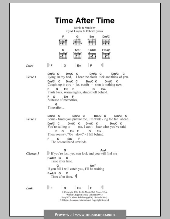 Time after Time: Lyrics and chords by Cyndi Lauper, Robert Hyman