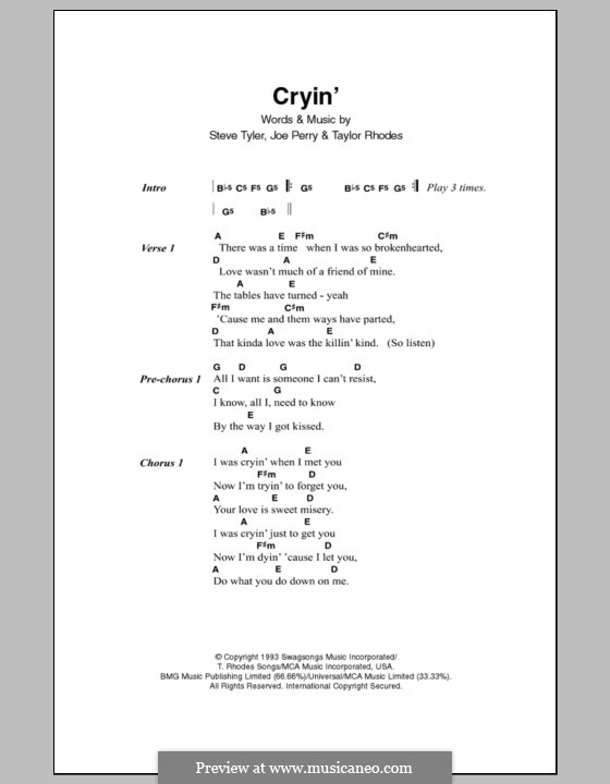 Cryin' (Aerosmith): Lyrics and chords by Joe Perry, Steven Tyler, Taylor Rhodes