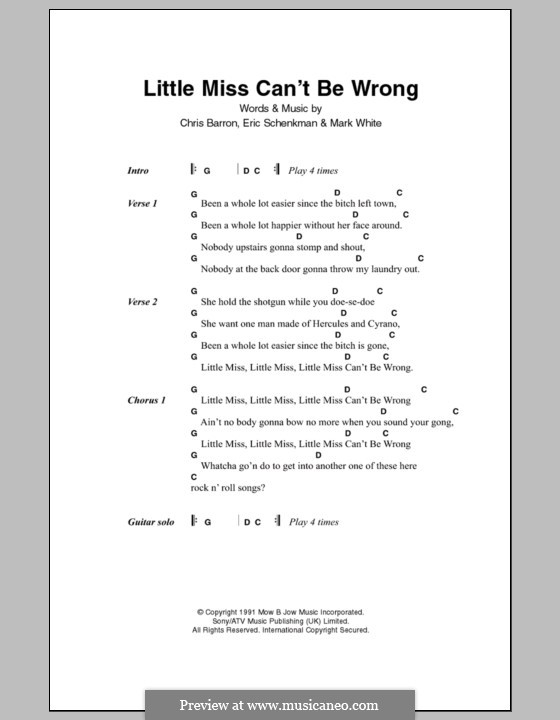 Little Miss Can't Be Wrong (Spin Doctors): Lyrics and chords by Chris Barron, Eric Schenkman, Mark White