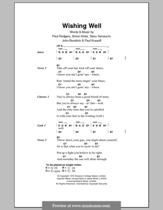 Wishing Well (Free): Lyrics and chords by John Bundrick, Paul Kossoff, Paul Rodgers, Simon Kirke, Tetsu Yamauchi