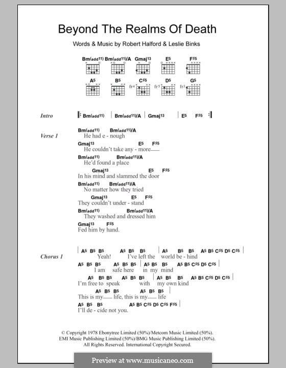Beyond the Realms of Death (Judas Priest): Lyrics and chords by Leslie Binks, Robert Halford