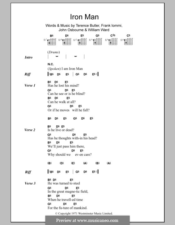 Iron Man (Black Sabbath): Lyrics and chords by Geezer Butler, Ozzy Osbourne, Tony Iommi, Bill Ward