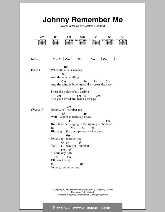 Johnny Remember Me: Lyrics and chords by Geoffrey Goddard