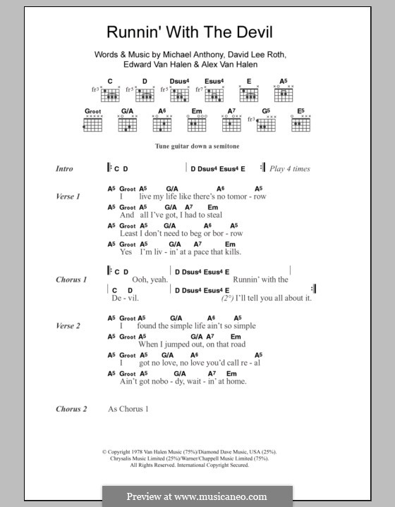 Runnin' with the Devil (Van Halen): Lyrics and chords by Alex Van Halen, David Lee Roth, Edward Van Halen, Michael Anthony