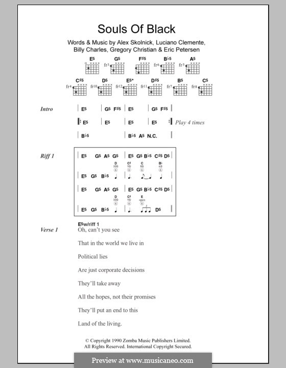 Souls of Black (Testament): Lyrics and chords by Alex Skolnick, Billy Charles, Eric Petersen, Gregory Carl Christian, Luciano Clemente