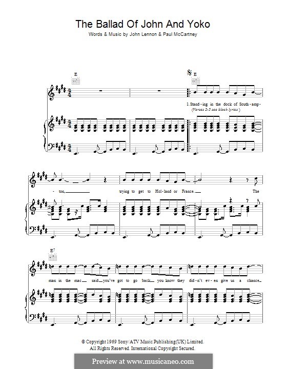 The Ballad of John and Yoko (The Beatles): For voice and piano or guitar by John Lennon, Paul McCartney