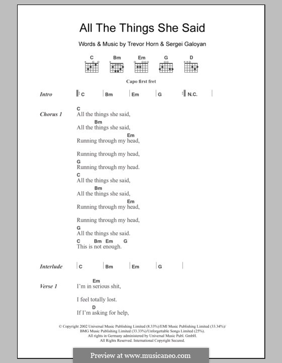 All the Things She Said (t.A.T.u.): Lyrics and chords by Sergei Galoyan, Trevor Horn