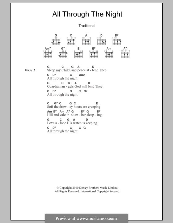 All Through the Night (Printable scores) by folklore on MusicaNeo