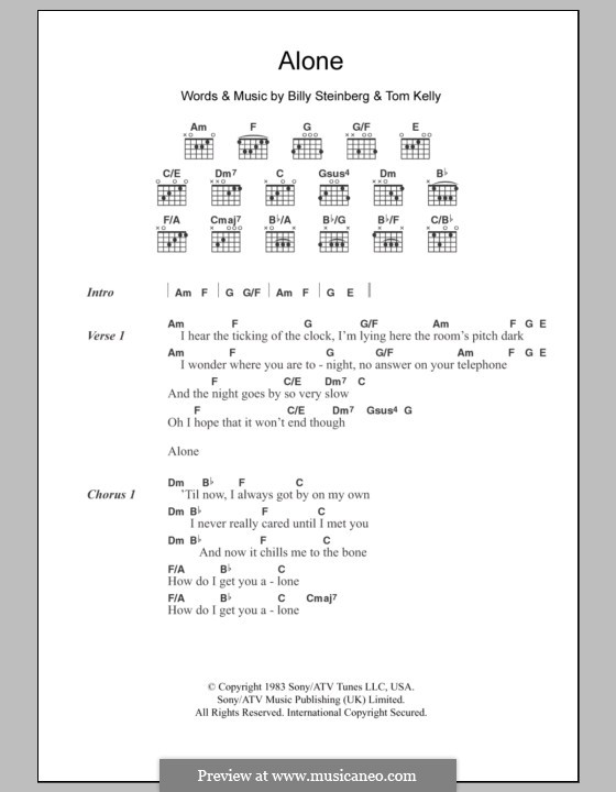 Alone: Lyrics and chords (Heart) by Billy Steinberg, Tom Kelly