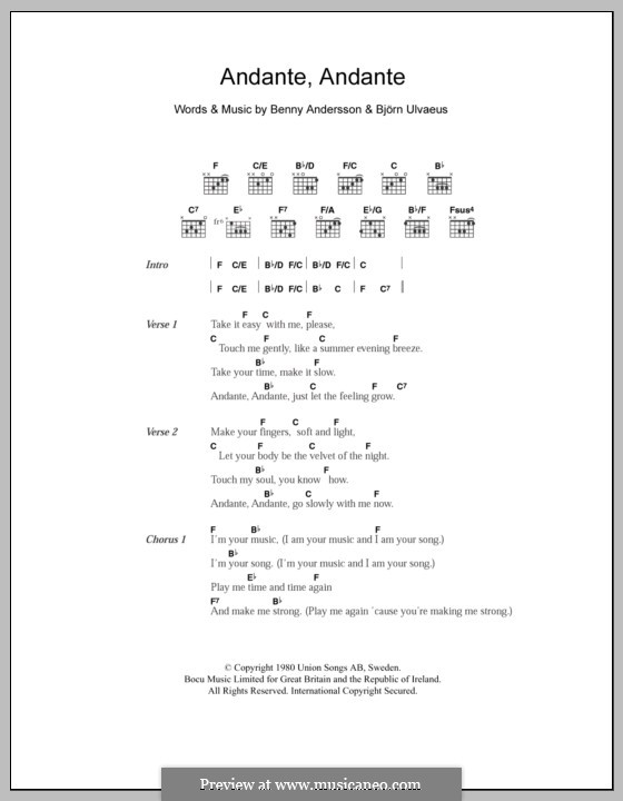 Andante, Andante (ABBA): Lyrics and chords by Benny Andersson, Björn Ulvaeus