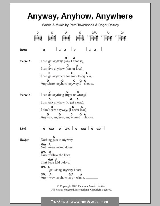 Anyway, Anyhow, Anywhere (The Who): Lyrics and chords by Peter Townshend, Roger Daltrey