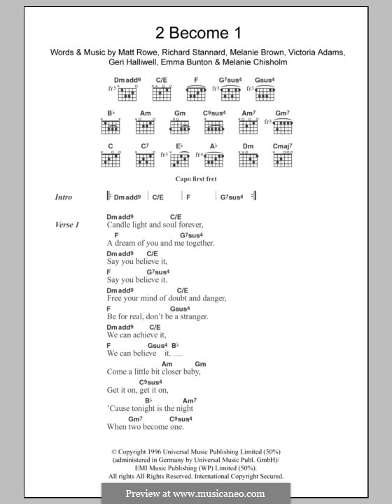 2 Become 1 (The Spice Girls): Lyrics and chords by Emma Bunton, Geri Halliwell, Matt Rowe, Melanie Brown, Melanie C, Richard Stannard, Victoria Adams