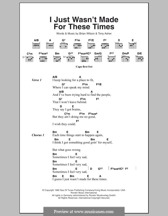 I Just Wasn't Made for These Times (The Beach Boys): Lyrics and chords by Brian Wilson, Tony Asher