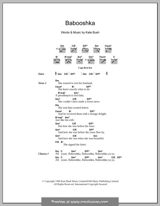 Babooshka: Lyrics and chords by Kate Bush