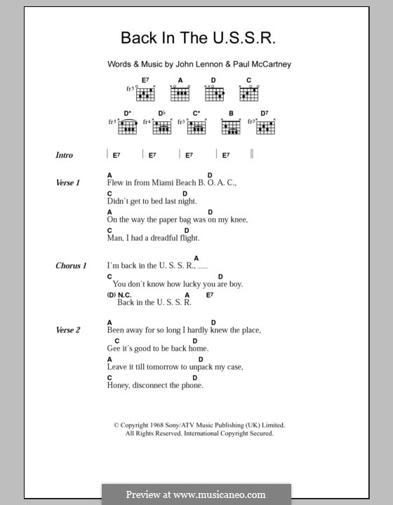 Back in the USSR (The Beatles): Lyrics and chords by John Lennon, Paul McCartney