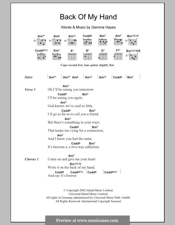 Back of My Hand: Lyrics and chords by Gemma Hayes