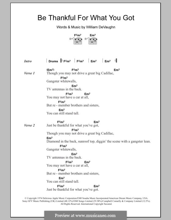 Be Thankful for What You Got (Massive Attack): Lyrics and chords by William DeVaughn
