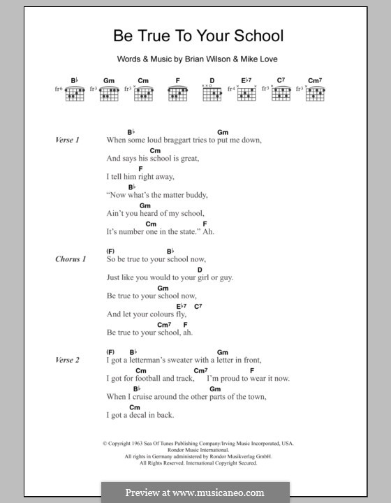 Be True to Your School (The Beach Boys): Lyrics and chords by Brian Wilson, Mike Love