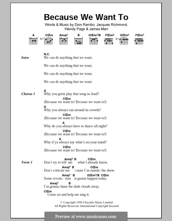 Because We Want To (Billie Piper): Lyrics and chords by Dion Rambo, Jacques Richmond, James Marr, Wendy Page