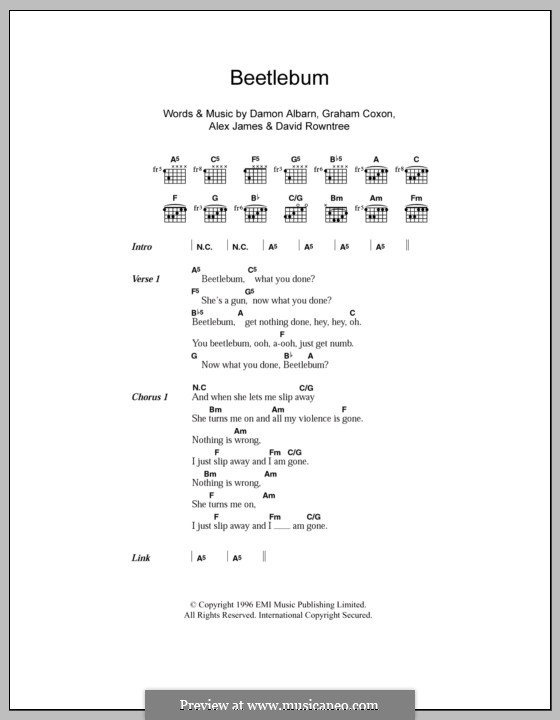 Beetlebum (Blur): Lyrics and chords by Alex James, Damon Albarn, David Rowntree, Graham Coxon