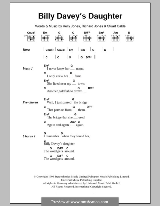 Billy Davey's Daughter (Stereophonics): Lyrics and chords by Kelly Jones, Richard Jones, Stuart Cable
