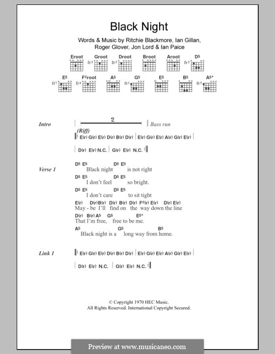 Black Night (Deep Purple): Lyrics and chords by Ian Gillan, Ian Paice, Jon Lord, Ritchie Blackmore, Roger Glover