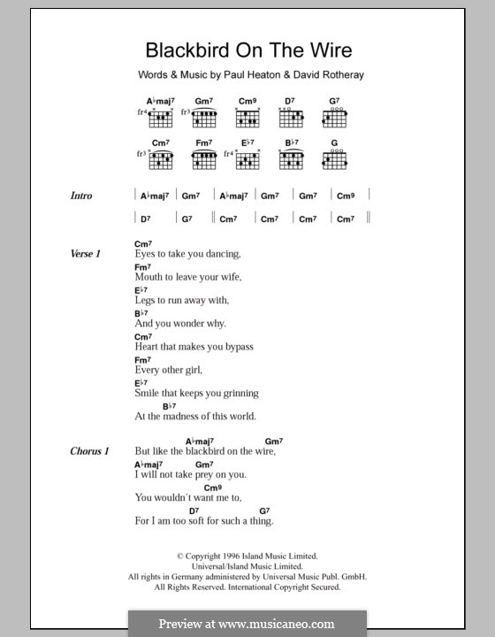 Blackbird on the Wire (The Beautiful South): Lyrics and chords by David Rotheray, Paul Heaton