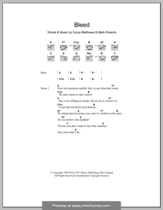 Bleed (Catatonia): Lyrics and chords by Cerys Matthews, Mark Roberts