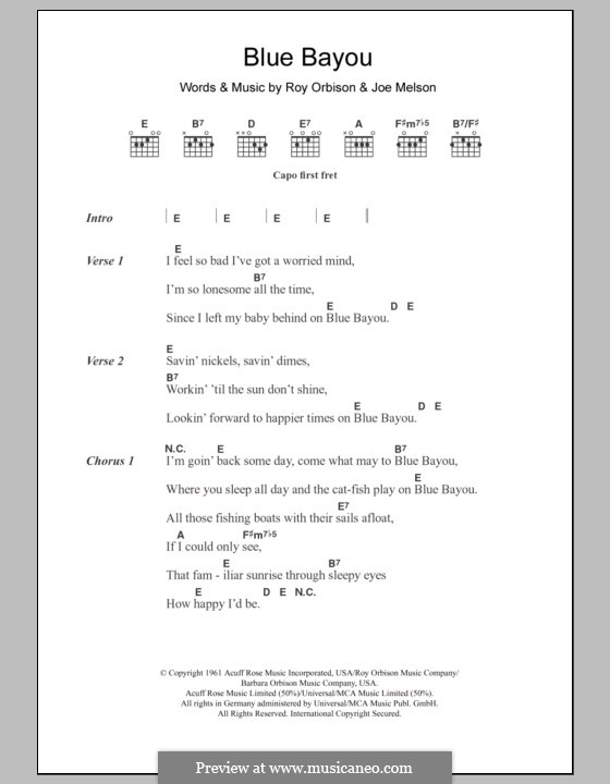 Blue Bayou (Linda Ronstadt): Lyrics and chords by Joe Melson