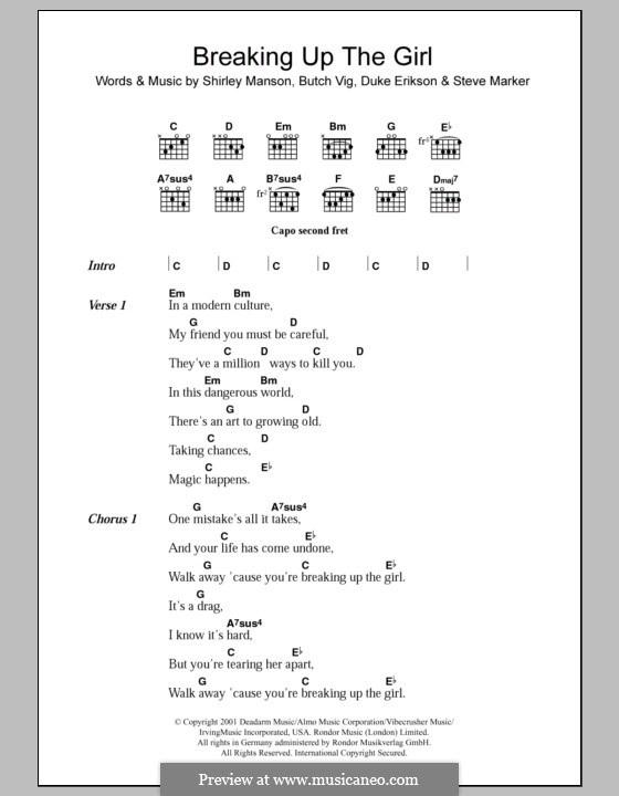 Breaking Up the Girl (Garbage): Lyrics and chords by Butch Vig, Duke Erikson, Shirley Ann Manson, Steve Marker