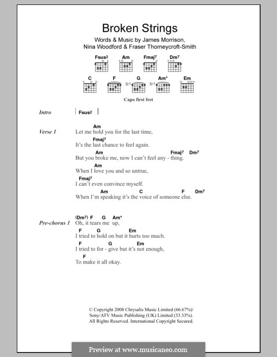 Broken Strings (James Morrison feat. Nelly Furtado): Lyrics and chords by Fraser T. Smith, James Morrison, Nina Woodford