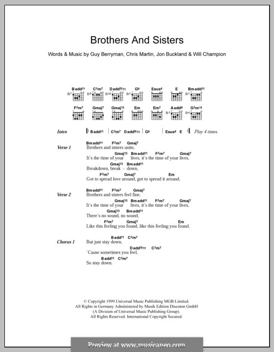 Brothers and Sisters (Coldplay): Lyrics and chords by Chris Martin, Guy Berryman, Jonny Buckland, Will Champion