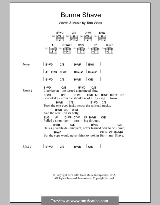 Burma Shave By T Waits Sheet Music On Musicaneo Burma Shave S And Chords By Tom Waits
