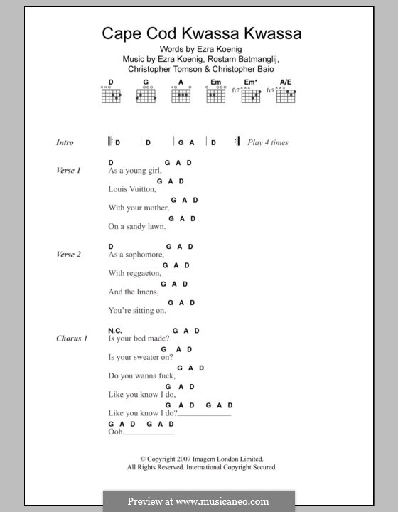 Cape Cod Kwassa Kwassa (Vampire Weekend): Lyrics and chords by Chris Baio, Christopher Tomson, Ezra Koenig, Rostam Batmanglij