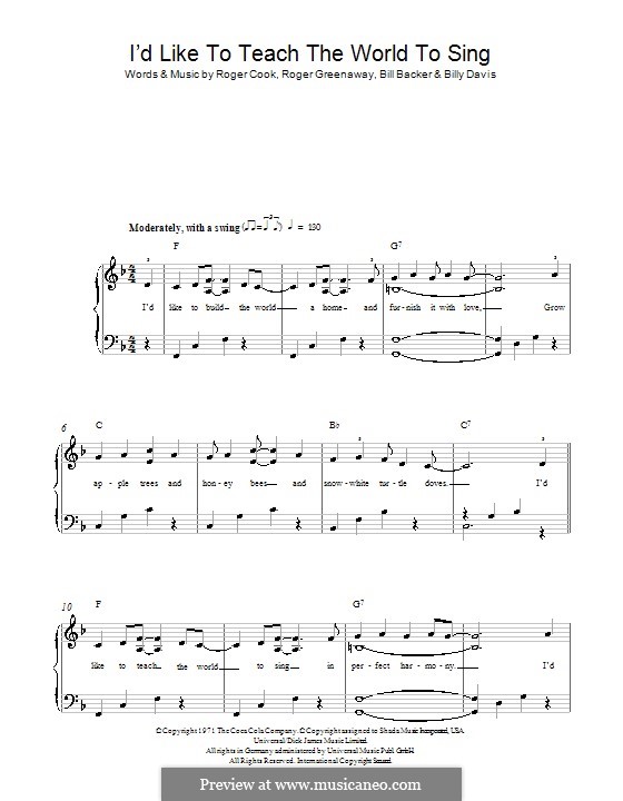I'd Like to Teach the World to Sing (The New Seekers): For easy piano by Bill Backer, Billy Davis, Roger Cook, Roger Greenaway